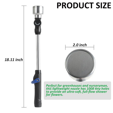 Soft Rain Watering Wand With Pivoting Head And Thumb Control, 18 Inch Gentle Rain Wand With 1008 Holes Stainless Head shown with dimensions
