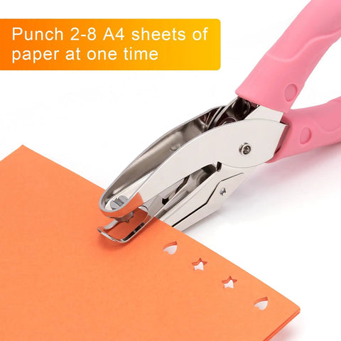 4 Pack Handheld Hole Punch Set With Heart, Star, Large Circle And Medium Circle Shapes, Rubber Grip, shown punching orange paper