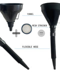 Five Piece Plastic Oil Funnel Set For Auto Large showing funnel, mesh strainer, and flexible hose for fluid transfer.