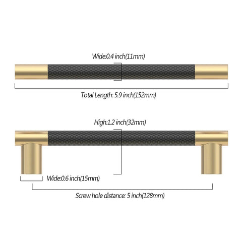 Diagram of Ten Pack Five Inch Knurled Black And Gold Cabinet Handles For Kitchen Cabinets And Drawers Durable Pulls With Easy Grip Cupboard Hardware For A Modern Sleek Look 128mm Center To Center Fit showing dimensions and design features.