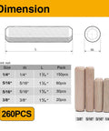 260 Pcs Wooden Dowel Pins Set In Four Sizes showing dimensions and quantities, with a size chart and fluted design.
