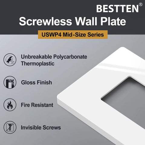 Image showing 40 Pack Mid Size Screwless Decorator Wall Plate For 1 Gang Switch Receptacle Covers, glossy off white polycarbonate.
