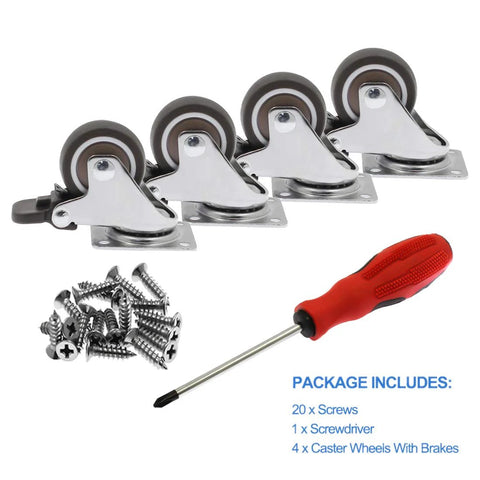 4 Pack 1.25 Inch Caster Wheels With Brakes Rubber Swivel Heavy Duty Casters With 360 Degree Top Plate 140 Lbs Total Capacity Includes 20 Screws And Free Screwdriver For Easy Installation Ideal For Tool Carts And Rolling Benches.
