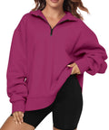 Super Cozy Rose Red Oversized Sweatshirt For Women Half Zip Pullover Top Casual Long Sleeve Fleece Sweatshirt Soft Cotton Polyester Blend