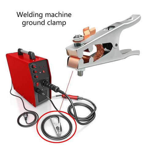 Heavy Duty Grounding Clamp For Welders With Ergonomic Handle And Secure Grip Perfect For Stick TIG MIG Arc Projects On Metalworking Tools connected to a welding machine.