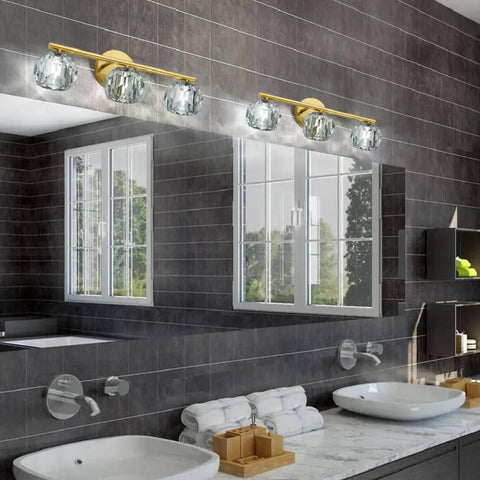 Three Light Gold Brass Vanity Light Fixture With Clear K9 Crystal Glass For Bathroom Over Mirror Modern Wall Sconce 120V G4 Base Lit Glow That Elevates Your Space And Keeps It Bright