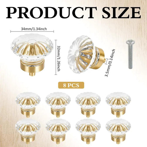 8 Pack Gold Crystal Cabinet Knobs With Screws, Glass Flower Dresser Pulls, 1.3 Inch Vintage Glam Drawer Handles with size details