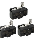 Three Pack Z-15GW22-B Hinge Roller Lever Micro Action Switches With 1NO 1NC Contacts 15A 125/250V Or 380V AC DC Control Circuits IP40 Rugged Micro Switches For Mechanical Motion Control In DIY Projects And Small Machinery, three black switches