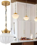 Schoolhouse Pendant Light Fixture 9 Inch Brass Gold Milk Glass Shade Adjustable Mid Century Ceiling Pendant for Kitchen