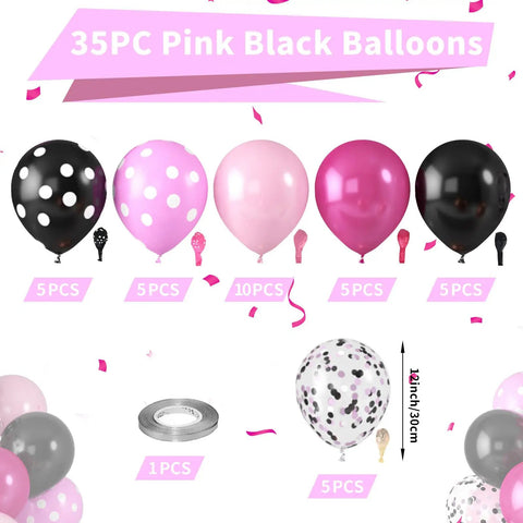 12 Inch Hot Pink And Black Balloons Party Kit With Confetti Dots For Girls Birthday Baby Shower Women Bridal Wedding Decor set