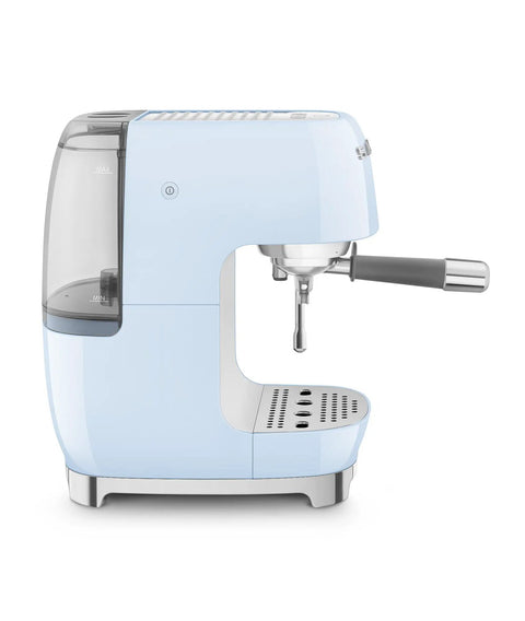 Totally Iconic Retro Espresso Maker With Cold Brew Feature, Packin 15 Bars Of Pressure, Smooth Operation Steam Wand, Exact Temp Control, Huge 47 Oz Tank In Chill Pastel Blue viewed from the side.