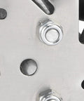 Close-up of metal chassis plate with hex bolts and mounting slots for mecanum wheel robot assembly