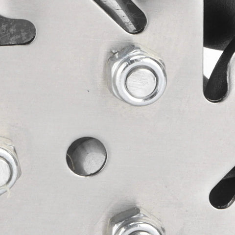 Close-up of steel mecanum wheels for robot cars showing bolts and metal surface.