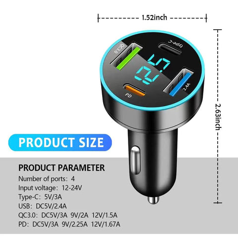 Straight Up Fast Four Port Car Charger Featuring Digital Voltmeter Pd Qc3.0 Usb C Cigarette Lighter Plug with LED display