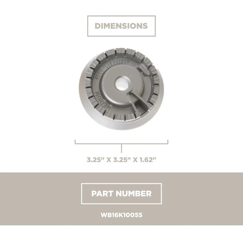 Medium Range Surface Burner Head WB16K10055 for 30 Inch Gas Stoves, detailed view with size dimensions 3.25 x 3.25 x 1.62 inches