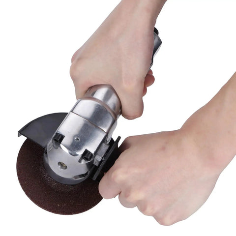 Kickass Pneumatic Angle Grinder With Hella Smooth Variable Speed Trigger And Trade Ready Build For Lightning Fast Grinding And Precision Cutting On Job Sites Or Garage Workbench Setups Daily, being held with two hands.