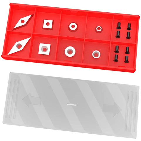 Top Tier Tungsten Carbide Wood Lathe Turning Inserts 16 Piece Heavy Duty Replacement Set, red tray with sharp inserts and screws.