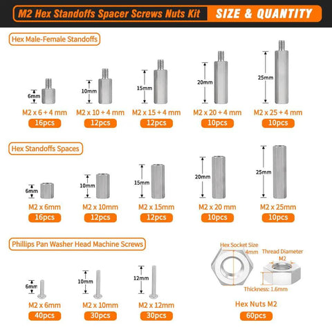 Premium M2 Stainless Steel Standoff Kit Includes 280 Pieces of Heavy Duty Hex Spacers Male Female and Male Only Stands Along With Pan Head Screws and Hex Nuts for Reliable PCB Circuit Board Mounting Workhorse Hardware showing sizes and quantities of male-female standoffs and screws.
