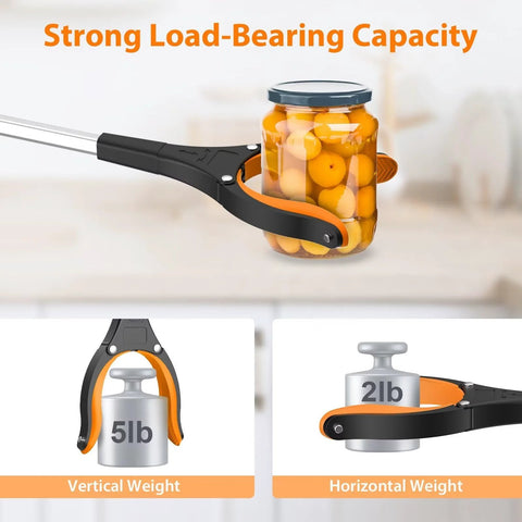 REWKCY 32-inch foldable reacher grabber tool, black and orange, 2-pack with 360° rotating jaw and magnet, lifting a jar.