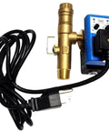 Front view of brass 1/4'' NPT timed electric auto drain with strainer and blue control module with power cord