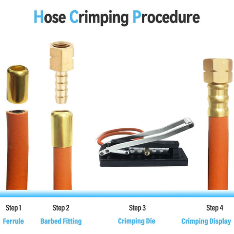 Hose crimping procedure showing ferrule, barbed fitting, crimping die, with Heavy Duty Ferrule Crimping Tool for Air Hose Repair Kit.