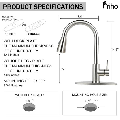 Top Shelf Brushed Nickel Kitchen Faucet With Smooth Pull Down Sprayer And High Arc Single Handle Lever dimensions and specifications image.