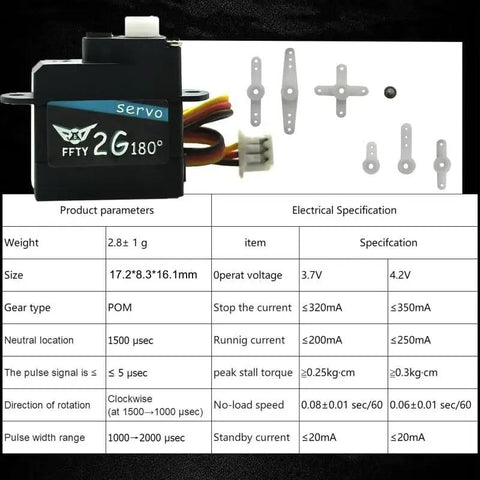 Two Pack 2G Plastic Gear Mini Servo For RC Hobbyists 3.7-5V Micro Digital Servo Kit with JST Connector and specs table