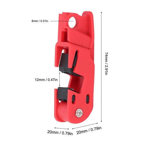 Red lockout tool from Six Piece Circuit Breaker Lockout Device Set With 12mm Grip And Serrated Jaws Lockout Tool For LOTO Stations