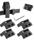 Rubber Cushioned Stopper Limit for Sliding Barn Door Track Roller Kit Fits One Point Six Inch Wide One Quarter Inch Thick Flat Track Noise Quieting Adjustable Screw In For Strong Secure Fit And Easy Repositioning, shown with wrench and components.