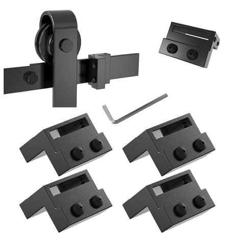 Rubber Cushioned Stopper Limit for Sliding Barn Door Track Roller Kit Fits One Point Six Inch Wide One Quarter Inch Thick Flat Track Noise Quieting Adjustable Screw In For Strong Secure Fit And Easy Repositioning, shown with wrench and components.