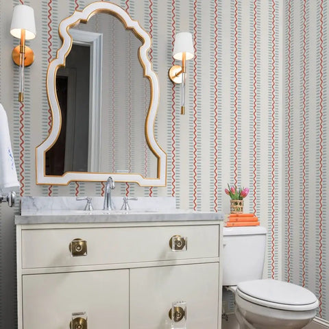 Top Shelf Vinyl Wallpaper Featuring Subtle Leather Grain And Eclectic Funky Patterns in a bathroom setting with a mirror and sink.
