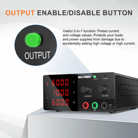 Beefy 600W Benchtop DC Power Supply 0 to 60V 0 to 10A with Encoder Knob and Output Switch High Power Adjustable Switching Regulated Bench Power Supply for Repair and Testing with 4 Digit Backlit Display, output button shown