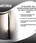 Star Wars The Mandalorian Darksaber 24-Inch LED Desk Light Lamp for Fans shown on a desk with packaging details.