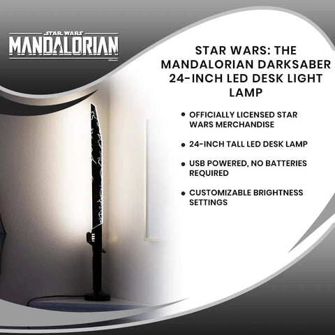 Star Wars The Mandalorian Darksaber 24-Inch LED Desk Light Lamp for Fans shown on a desk with packaging details.
