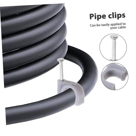 100 Pcs Wire Staples And Cable Clips With Steel Nails PE Material For Ethernet And Coaxial Cables Cable Management Holders Easy DIY Friendly Quick Install Pipe Clamps For Electrical And Extension Cords Gray, showing pipe clip with steel nail securing cable