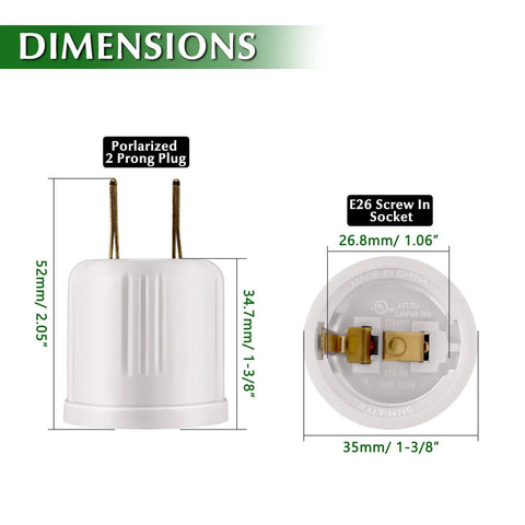 Dimensions of Outlet To Socket Adapter For Plug In Light Socket Convert Outlet To Light Bulb Socket Polarized 2 Prong To E26 E27 Screw Base Bulb Socket 660 Watt 125 Volt UL Listed White Pack Of 4