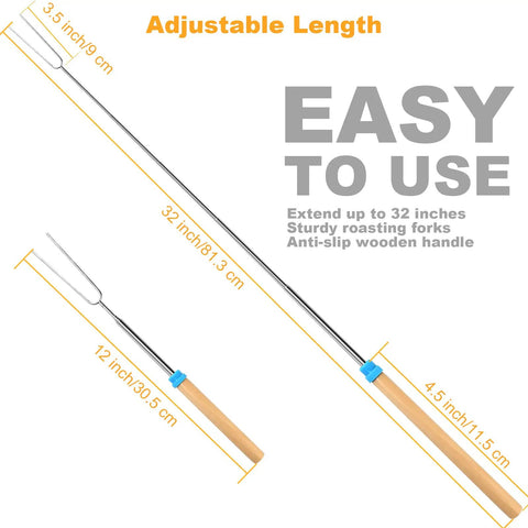 Long 32 Inch Telescoping Marshmallow Roasting Sticks with wood handle showing adjustable length measurements and easy to use features.