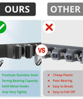Comparison of 2 Pack Broom Holder Wall Mount With 4 Racks And 5 Hooks Mop Organizer Beefy Stainless Steel vs plastic version