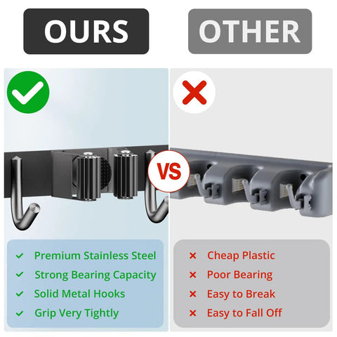Comparison of 2 Pack Broom Holder Wall Mount With 4 Racks And 5 Hooks Mop Organizer Beefy Stainless Steel vs plastic version