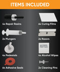 DIY Windshield Repair Kit For 4 Chips Four Pack Glass Chip Repair Tool Quick 20 Minute Fix For Auto Glass On Cars And Trucks Includes All Tools And Resin For A Professional Like Repair Save Time And Money, showing included items: repair resins, curing films, plungers, razors, pedestals, alcohol wipes, adhesive seals, cleaning pins.