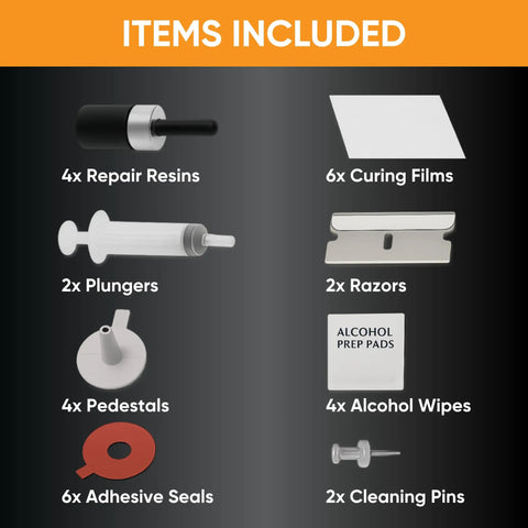 DIY Windshield Repair Kit For 4 Chips Four Pack Glass Chip Repair Tool Quick 20 Minute Fix For Auto Glass On Cars And Trucks Includes All Tools And Resin For A Professional Like Repair Save Time And Money, showing included items: repair resins, curing films, plungers, razors, pedestals, alcohol wipes, adhesive seals, cleaning pins.