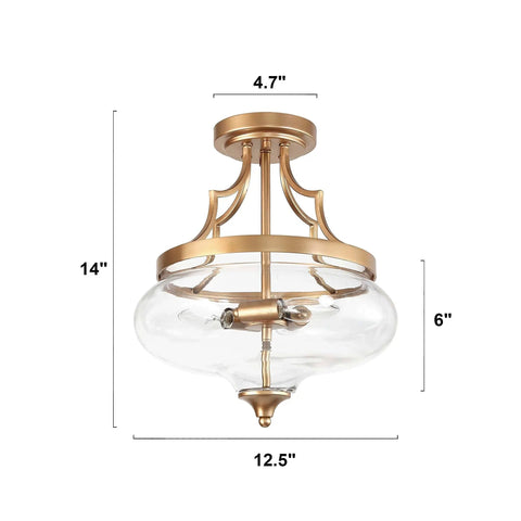 Gold Semi Flush Mount Ceiling Light With Fishbowl Glass Shade, 12.5 inch diameter, chic modern minimalist fixture, close to ceiling.