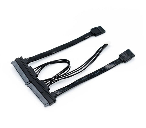 Compact SATA Y Cable For Single Board Computers And Tiny PC Builds, Dual Power And Data Splitter, Ultra Clean Wiring, Ideal For Tight Workspaces And Sleek Setups. Black SATA Y cable with dual drive connectors and slim leads