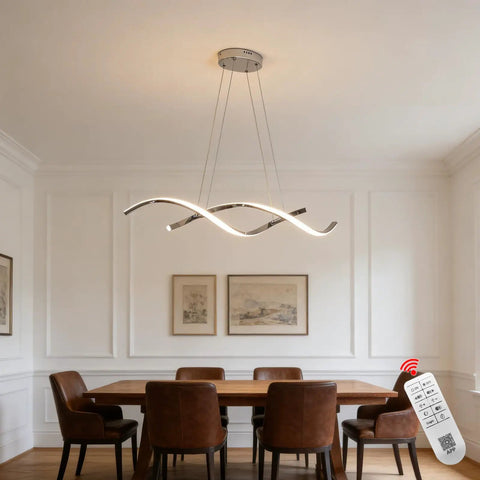 Dimmable Black Chandelier For Dining Room, Adjustable Pendant Light Fixture Over Table, Dope Modern Kitchen Island Lighting, 35.4 Inch Length, 21W, Matte Black Finish hanging in dining room above table with chairs.