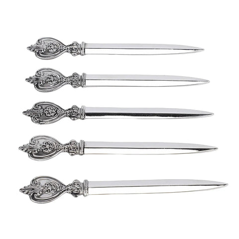 Vintage Leaf Floral Pattern Metal Letter Opener Set, 5 Pack for home and office desks, zinc alloy, aligned horizontally