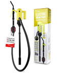 Slick Telescopic 12V Electric Drum Pump With Inline Flow Meter And Six Point Six Foot Hose For No Sweat Fluid Transfer At Four Point Two Gpm Rate Big Time Shop Gear displayed with a yellow handle and black hose.