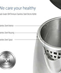 Fast Boil 1.7L Electric Kettle with open lid showing stainless steel interior, spout, and housing; focus on 304 stainless steel quality.