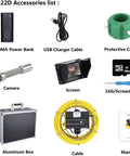 Pro Grade Sewer Inspection Camera Borescope With 4.3 Inch Monitor And 20 Meter Cable accessory list including power bank, camera, and screen.