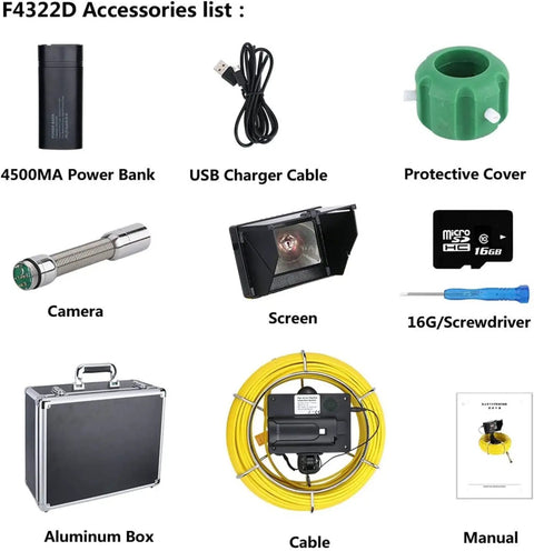 Pro Grade Sewer Inspection Camera Borescope With 4.3 Inch Monitor And 20 Meter Cable accessory list including power bank, camera, and screen.