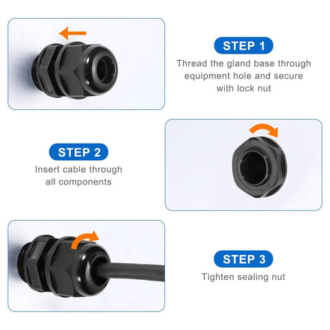 Illustration of steps to install 5 Pack PG29 Cable Glands Adjustable 18 To 25mm PA6 Nylon IP68 Waterproof Connectors